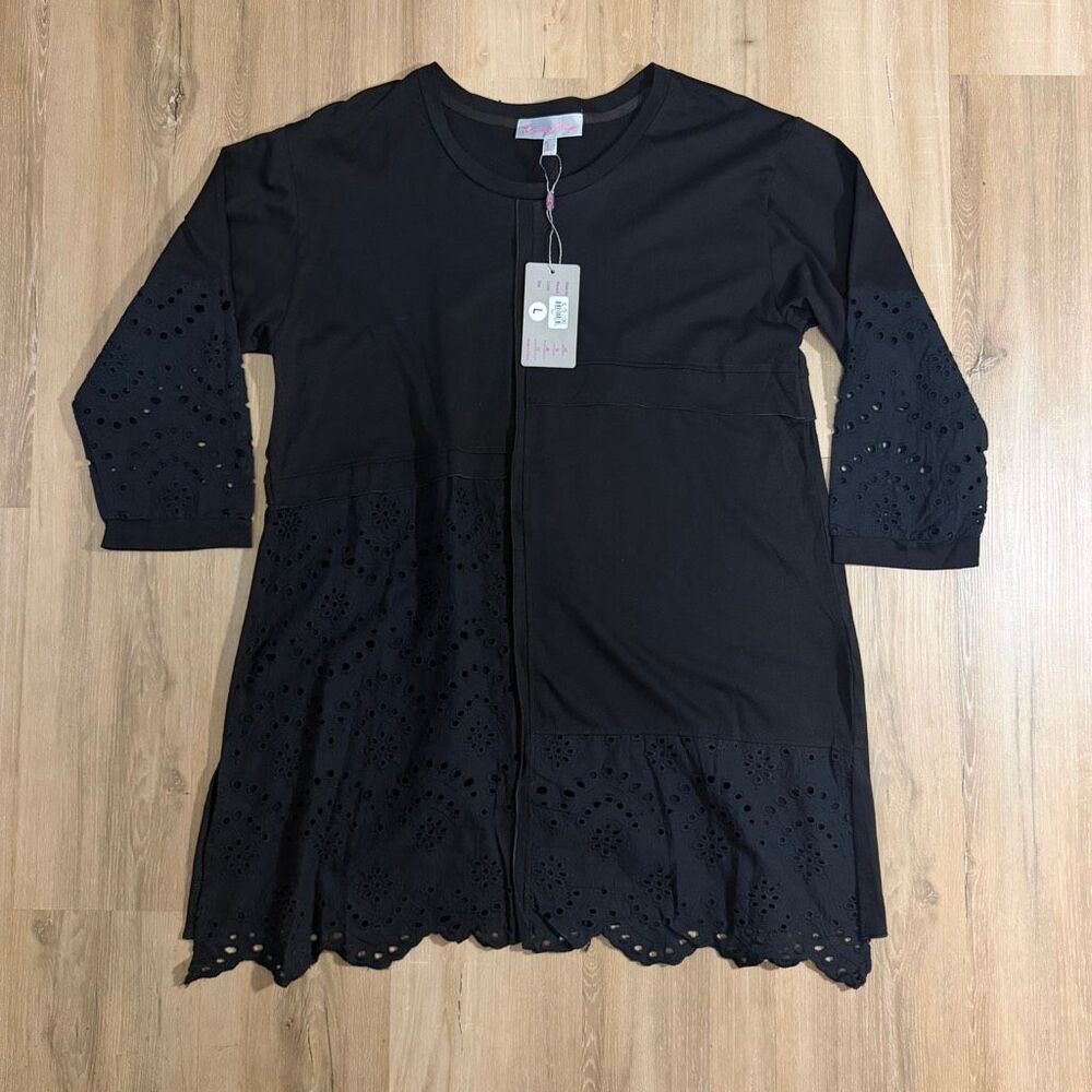 Vintage Pretty Angel Y2K Tunic Top Black Boho Embroidered Shirt Sz L Witchy Alt